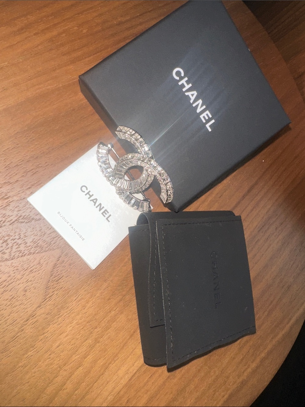 CHANEL Silver Crystal Double C Logo Brooch